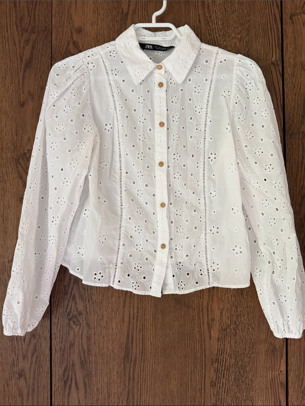 Zara White Eyelet Button-Front Cotton Shirt with Puff Shoulders